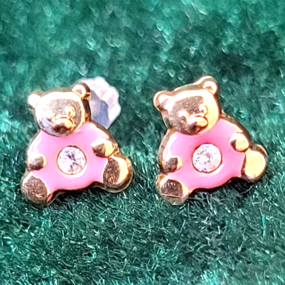 Pink and Gold Teddy Bear Earrings for Kids In 14k Yellow Gold